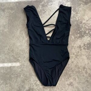 Beth Richards Design One Piece Bathing‎ Suit Black Womens Size Small Deep V Neck